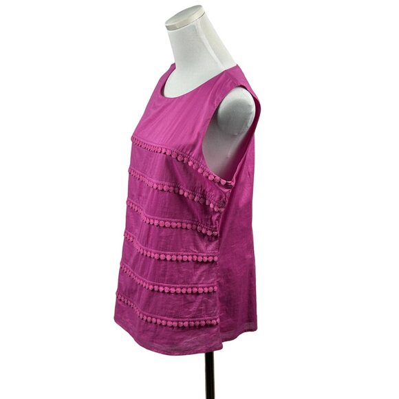 Banana Republic Top Women 14 Sleeveless Pink Pom Pom Lace Trim Cotton Blouse - Picture 2 of 14